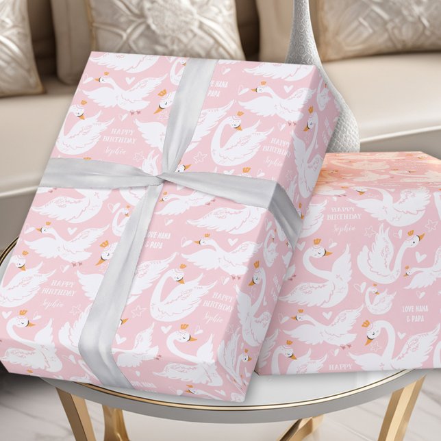 Papel de embrulho para menina rosa-pia Swan (Swan Pink Girl Birthday Name Wrapping Paper)