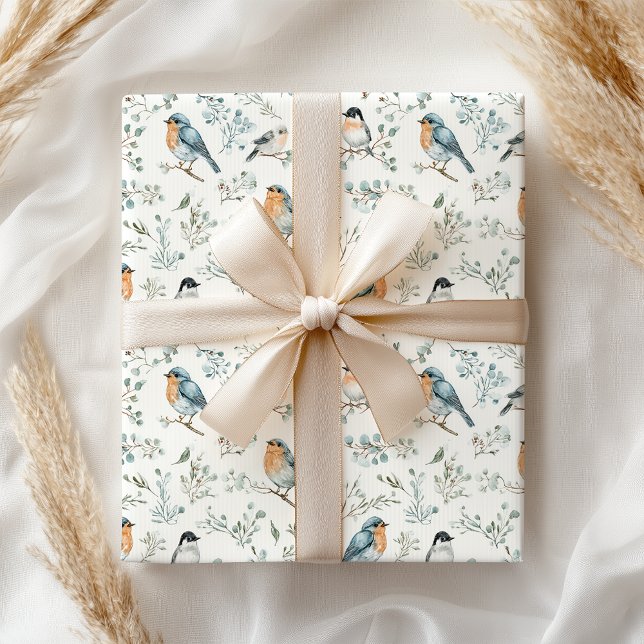 Papel de embrulho Pastel Soft Floral Robin Bird (Criador carregado)