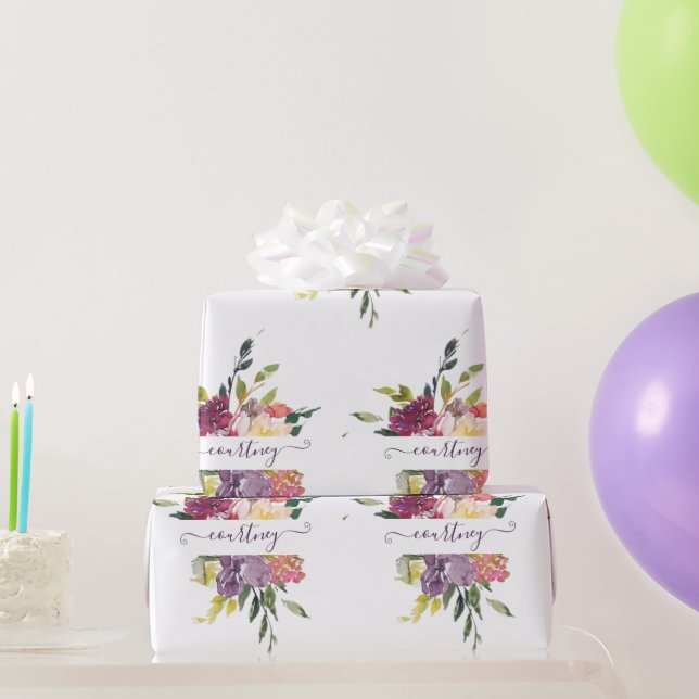 Papel de embrulho personalizado floral roxo e verm (Presentes para festas)