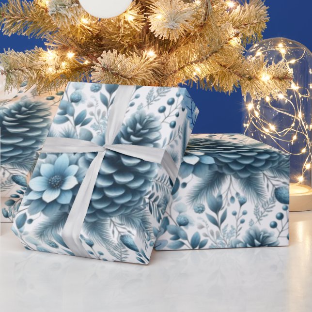 Papel de embrulho Pinhas Azuis Feliz Natal (Feriados)
