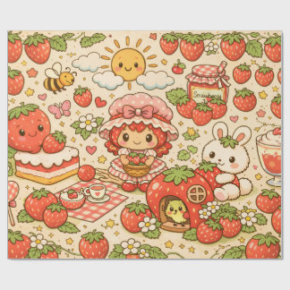 Papel de Embrulho Piquenique de Morango Kawaii