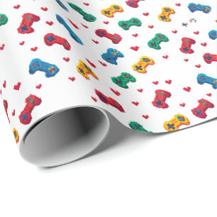 Papel de Embrulho Pixel Corações e Controles - Gam