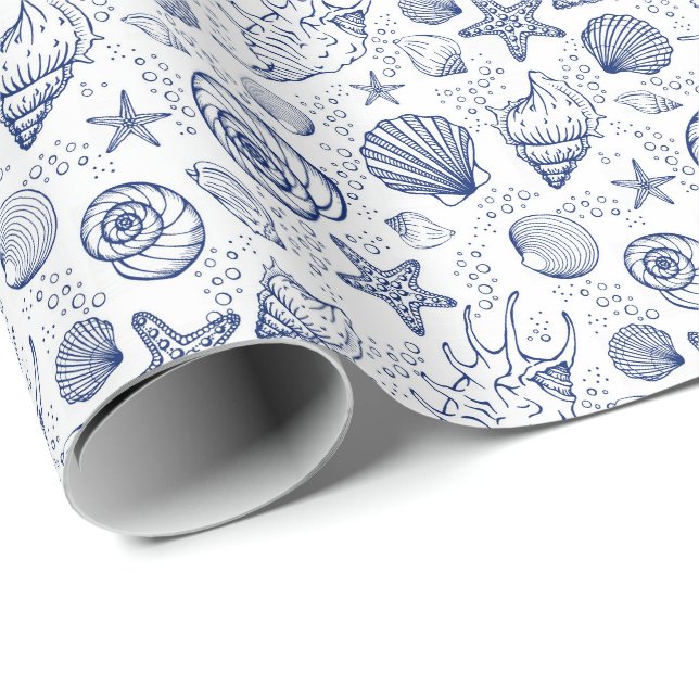 Papel de embrulho presente conchas azuis e brancas (Ponta do rolo)