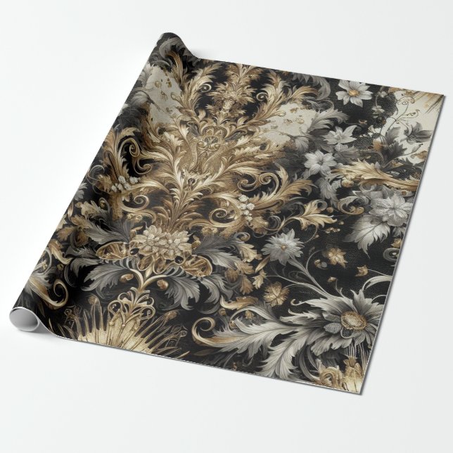 Papel de embrulho - Preto, Branco, Dourado Floral (Desenrolado)