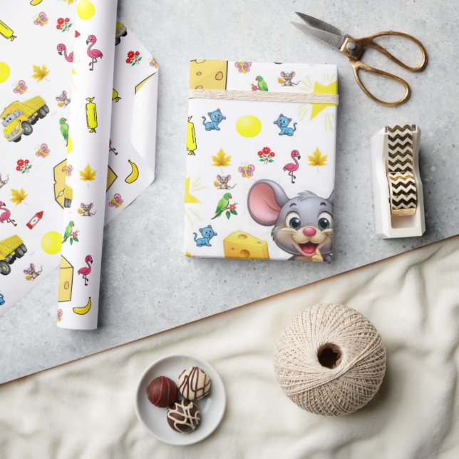 Papel de embrulho Rato Queijo Estrelas Amarelas Ca (Artesanato)