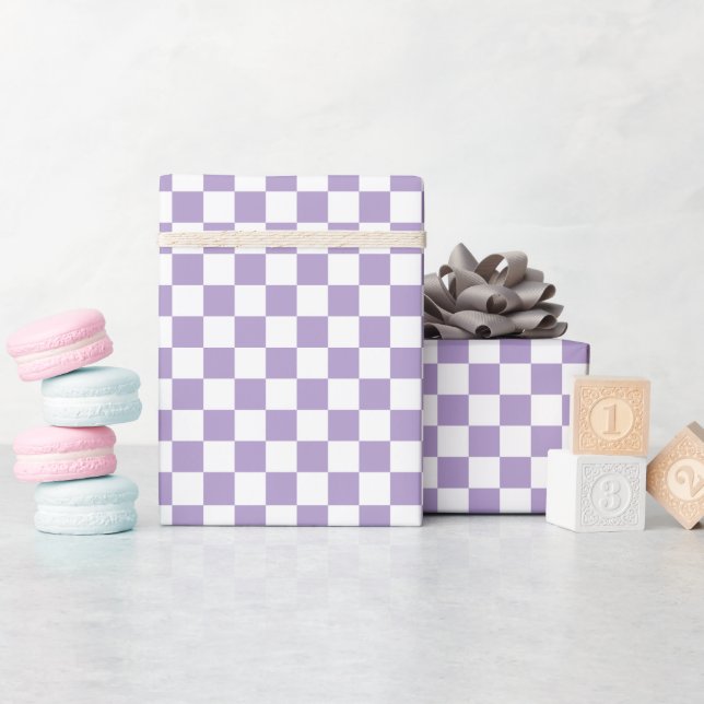 Papel de embrulho rolo xadrez branco e roxo (Chá de bebê)