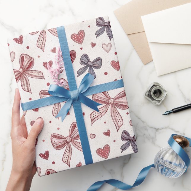 Papel de embrulho romântico com laço e coração vin (Presentear)
