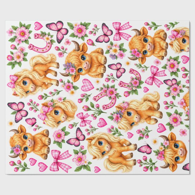 Papel de embrulho rosa de vaca e pônei Western Hig (Aberto)