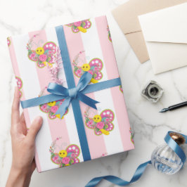 Papel de embrulho rosa e branco listrado borboleta