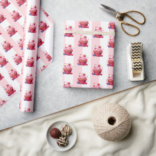 Papel de embrulho rosa e branco listrado Cupcakes