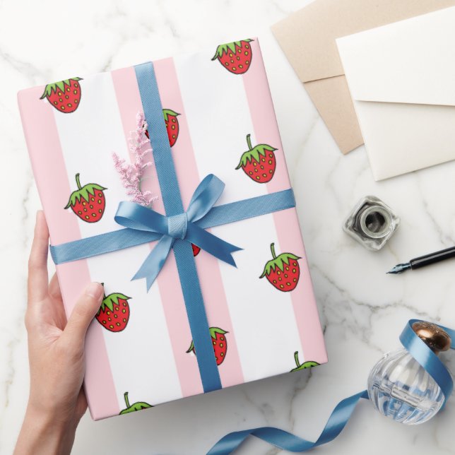 Papel de embrulho rosa e branco listrado morango (Presentear)