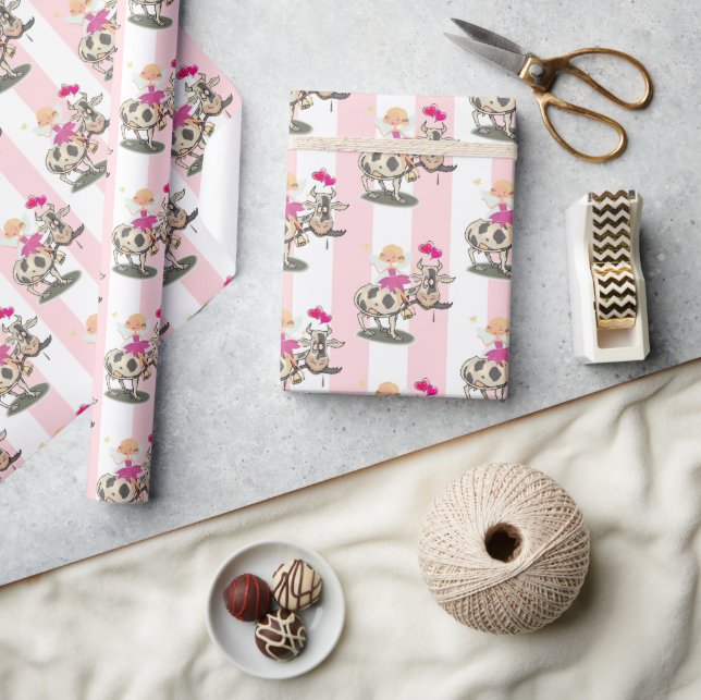 Papel de embrulho Rosa e Listra Branca Fada Vaca (Artesanato)