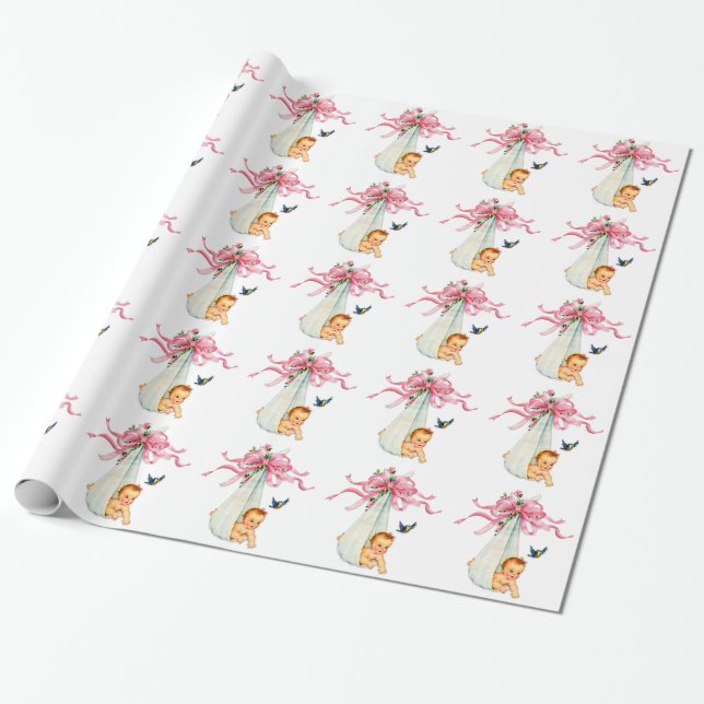 Papel de embrulho rosa para chá de bebê retrô (Desenrolado)