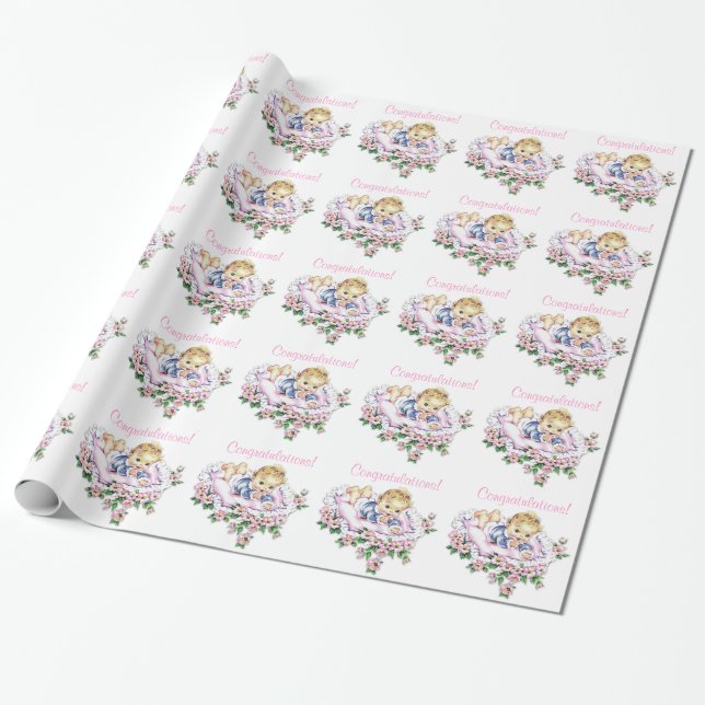 Papel de embrulho rosa para chá de bebê retrô (Desenrolado)