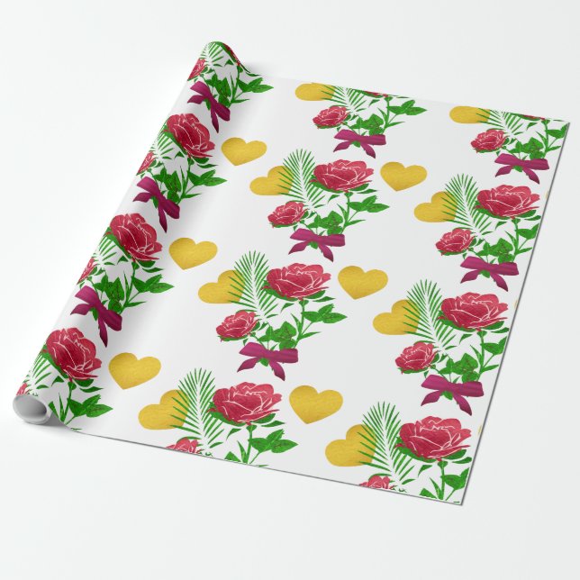Papel de embrulho Rosas & Coração Dourado (Desenrolado)