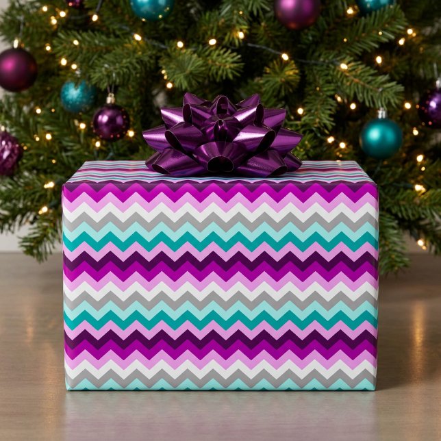 Papel de embrulho roxo branco e azul elegante com  (Elegant Purple White Teal Chevrons Wrapping Paper)