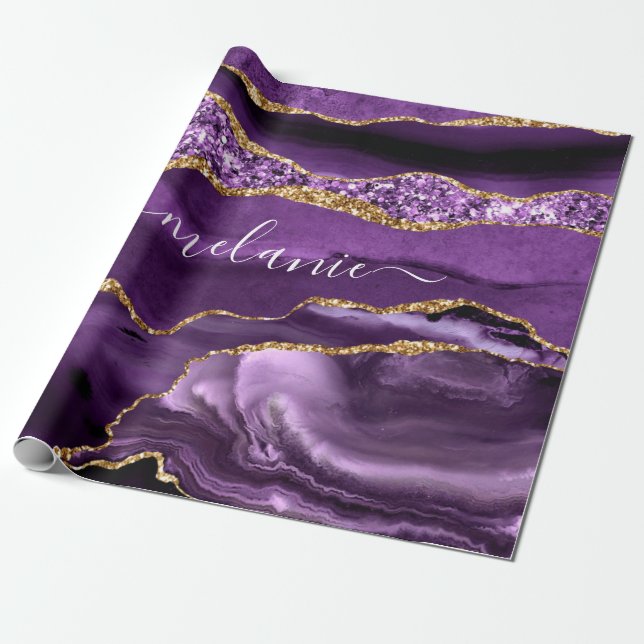 Papel de embrulho roxo e dourado Nome Personalizad (Desenrolado)