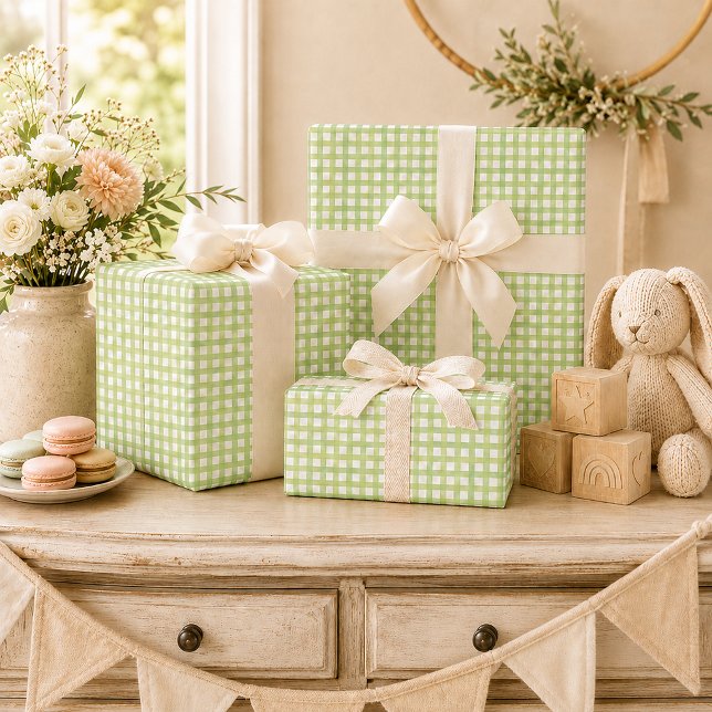 Papel de embrulho Sage Gingham para Chá de Bebê (gift wrap)