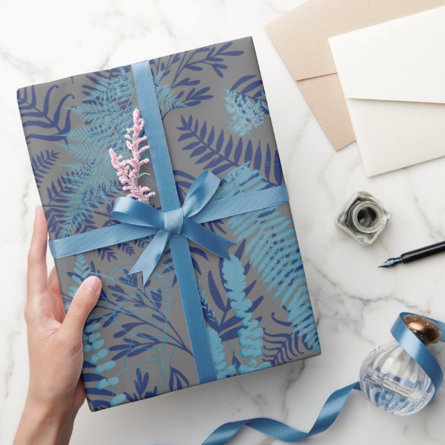 Papel de embrulho samambaias em azul e turquesa (Presentear)