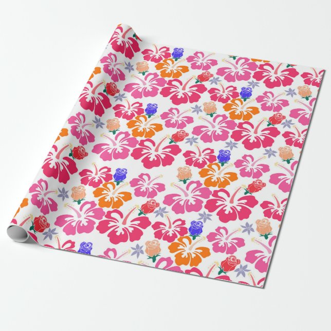Papel de Embrulho Silhueta Hibisco e Rosas (Desenrolado)