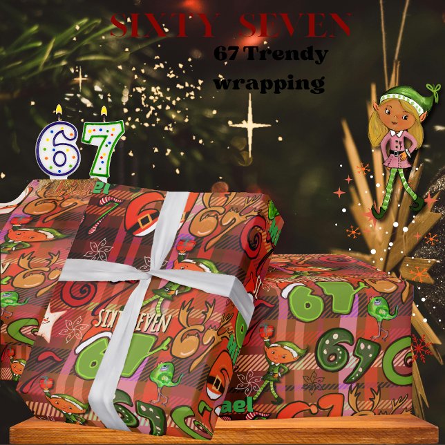 Papel de embrulho Sixty Seven xadrez vermelho mode (Trendy Sixty Seven Wrapping Paper I red plaid)