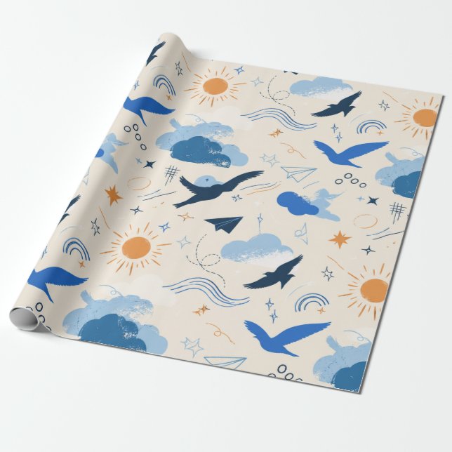 Papel de embrulho Sonhadores Pássaros e Nuvens (Desenrolado)