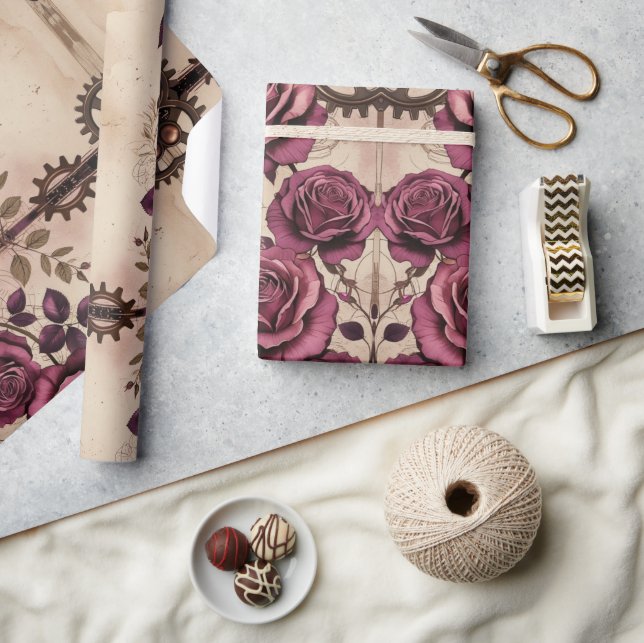 Papel de embrulho Steampunk Plum Roses & Gears (Artesanato)