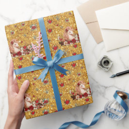 Papel de embrulho Unicórnio de Natal Floral Dourad