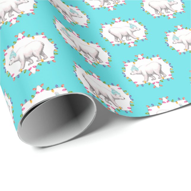 Papel de embrulho Ursos Polares em Gorros de Pom P (Ponta do rolo)