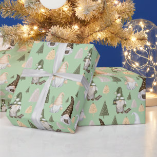 Papel de embrulho verde de gnomos de inverno