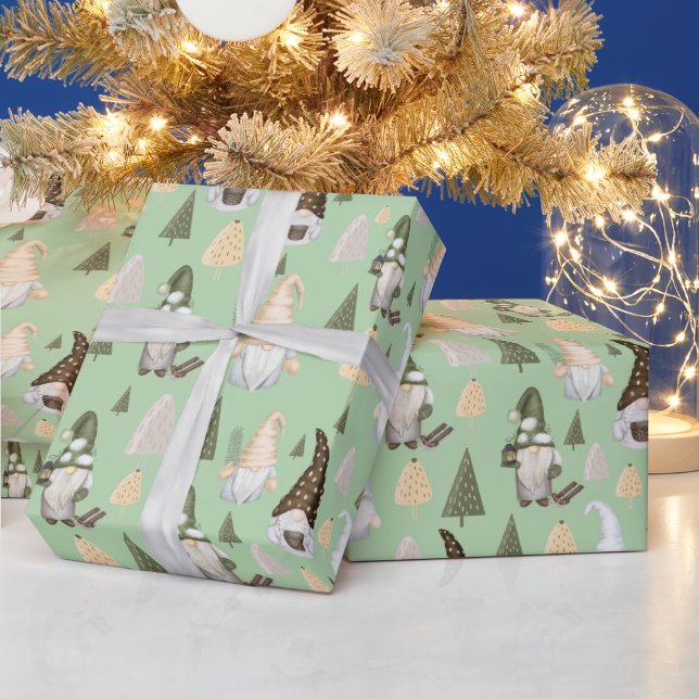 Papel de embrulho verde de gnomos de inverno (Feriados)