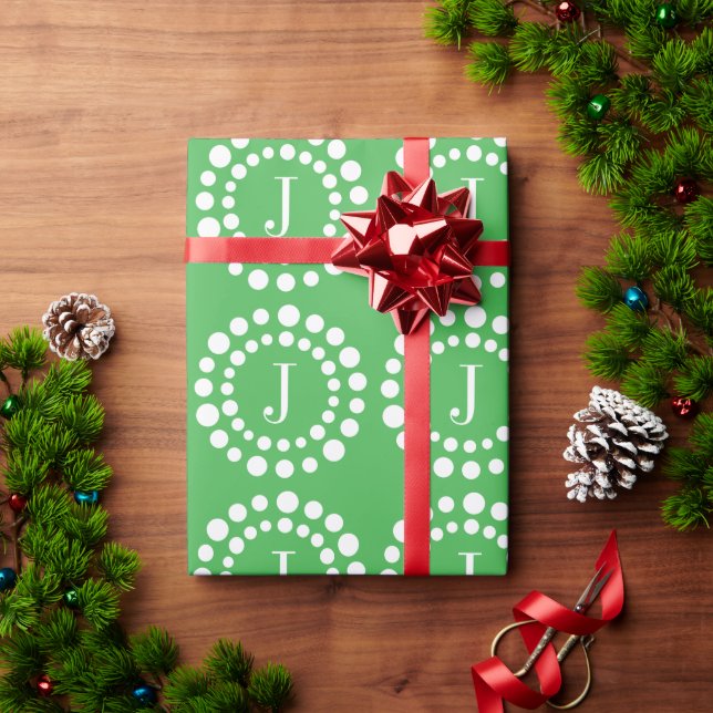 Papel de embrulho verde e branco com monograma de  (Presente de Natal)