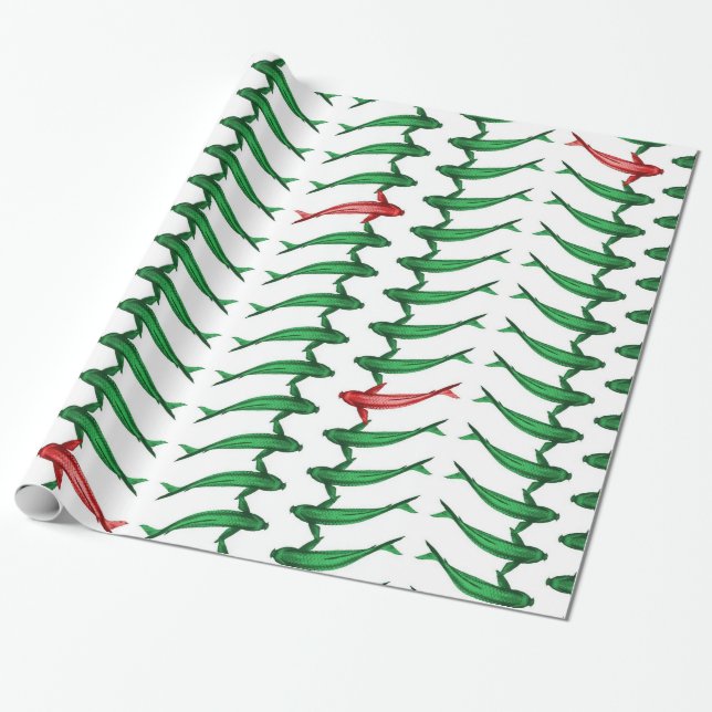 Papel de embrulho verde e vermelho dos peixes de (Desenrolado)