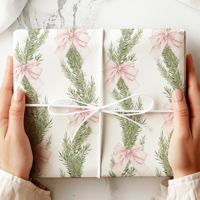 Papel de embrulho verde inverno com laço rosa (Criador carregado)