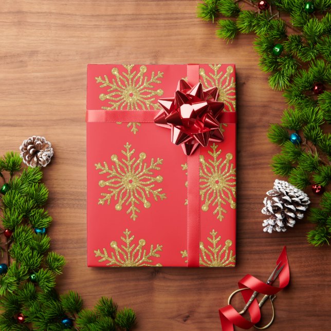 Papel de embrulho vermelho com floco de neve doura (Presente de Natal)