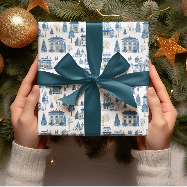 Papel de embrulho Vila de Natal Azul Chinoiserie (Criador carregado)