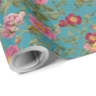 Papel de embrulho Vintage Wild Rose em Azul Lagoa