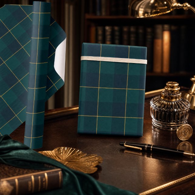 Papel de embrulho xadrez esmeralda verde e azul ma (Luxury Emerald Green & Navy Plaid Wrapping Paper)