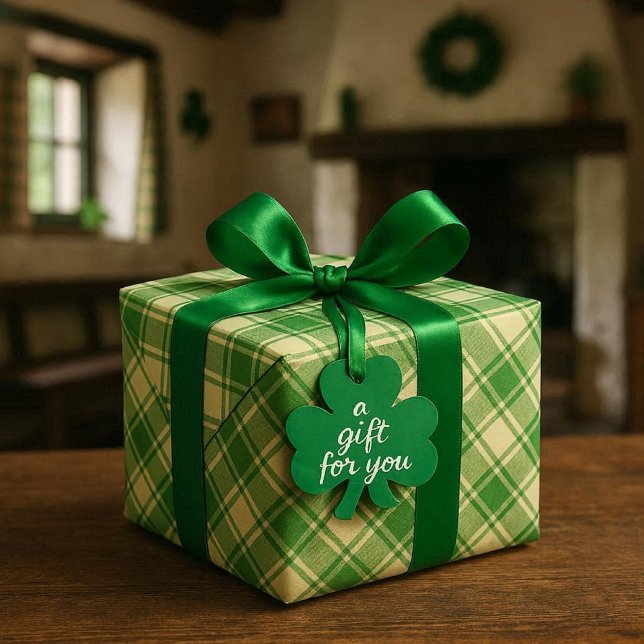 Papel de embrulho Xadrez Irlandês Verde (St Patricks day "gift for you" wrapping paper with  green satin bow. A classic green and white plaid)