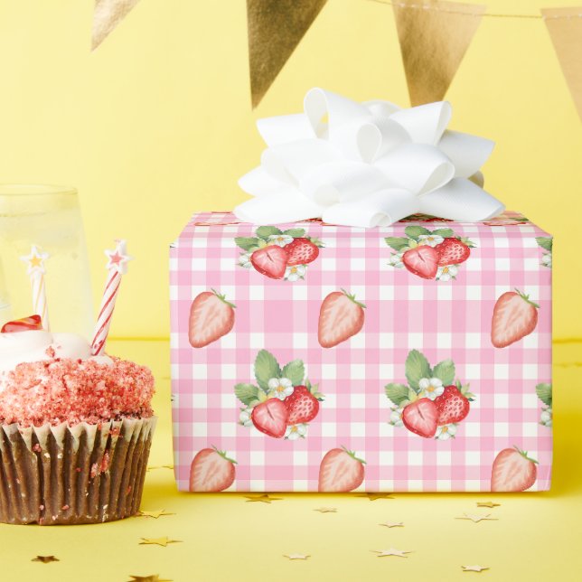 Papel de embrulho Xadrez Rosa Morango (Festa de aniversário)
