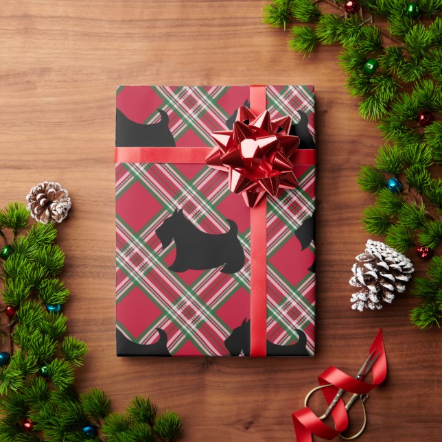 Papel de embrulho xadrez vermelho do Terrier Escoc (Presente de Natal)