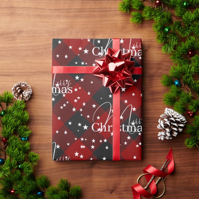 Papel de embrulho xadrez vermelho e preto com estr (Presente de Natal)