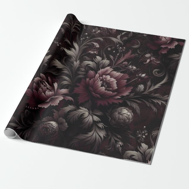 Papel de empacotamento de presente floral preto e  (Desenrolado)