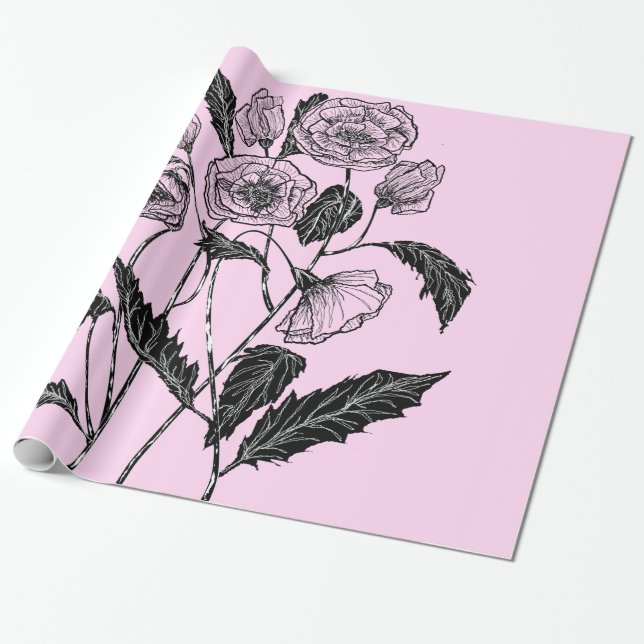 Papel de empacotamento de presente rosa com papoil (Desenrolado)