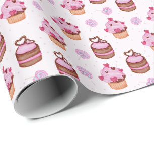 Papel de empacotamento do presente do Cupcake rosa