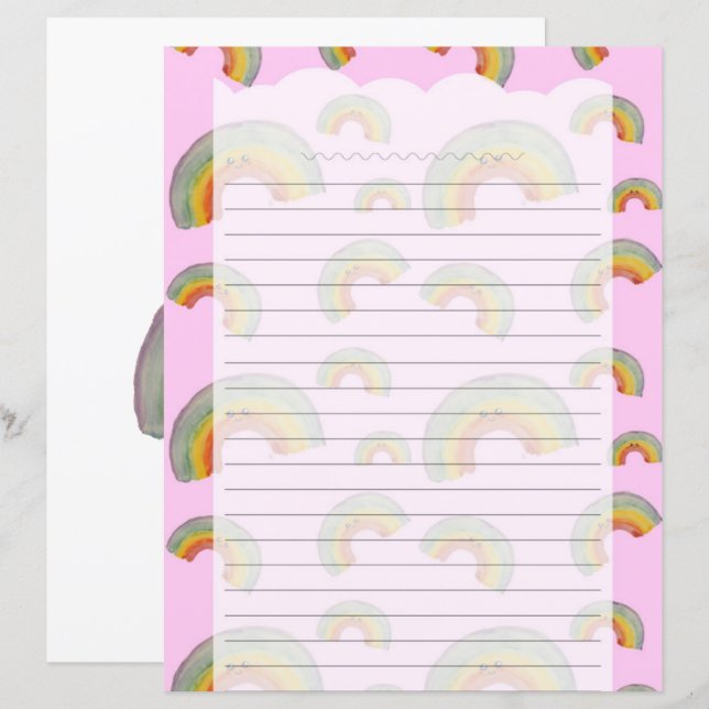 Papel de Escritório Kawaii Arco-Íris Rosa Pastel (Frente/Verso)