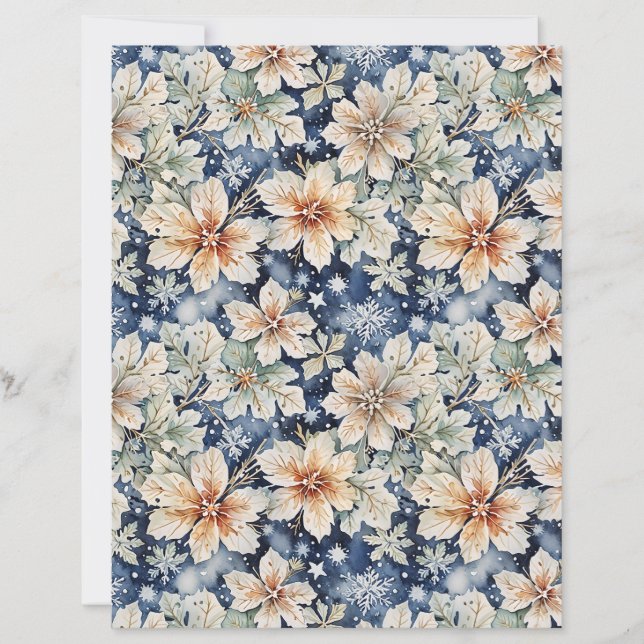 Papel de Inverno Floral Branco Elegante e Azul Nav (Frente)