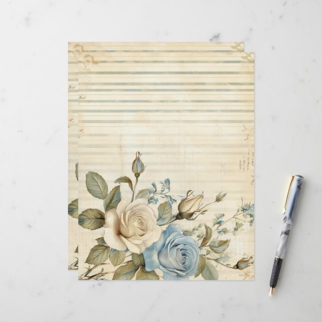Papel de Jornalzinho Antigo de Rosas Azuis e Branc (Frente/Verso In Situ)