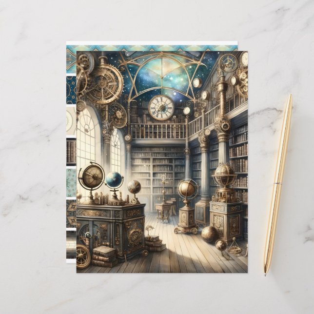 Papel de Livro Celestial da Biblioteca Steampunk (Frente/Verso In Situ)