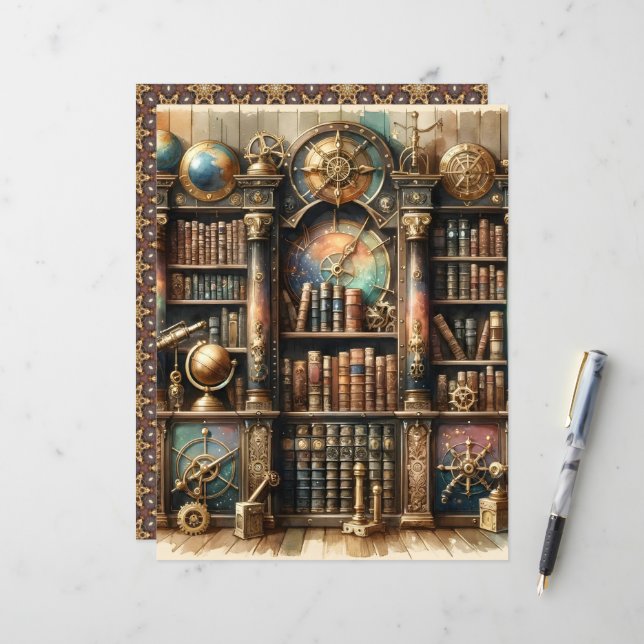Papel de Livro Celestial da Biblioteca Steampunk (Frente/Verso In Situ)